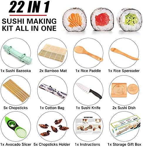 Sushi fazendo kit para iniciantes - 22 peças kit de rolos de sushi diy com tapete de sushi de bambu, bazuca de sushi, faca do chef,