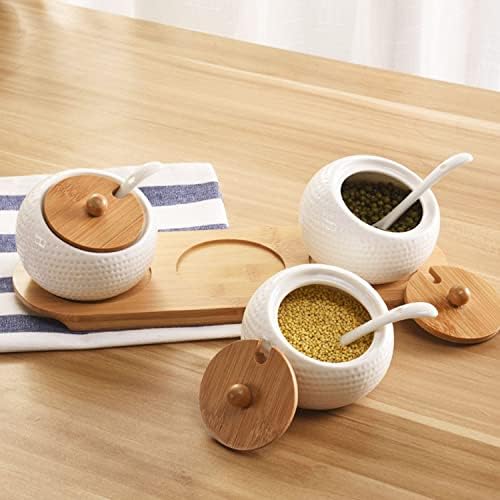 3 PCS Conjunto de jarra de condimento de porcelana, potes de especiarias com tampa de bambu e colher de servir de cerâmica,