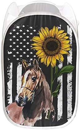 Suobstales American Flag Horse Horse Pop-Up Casquete de Lavanderia com Pocket Sunflower Dobrável Pop Up Toys Home Toys Roupas Organizador