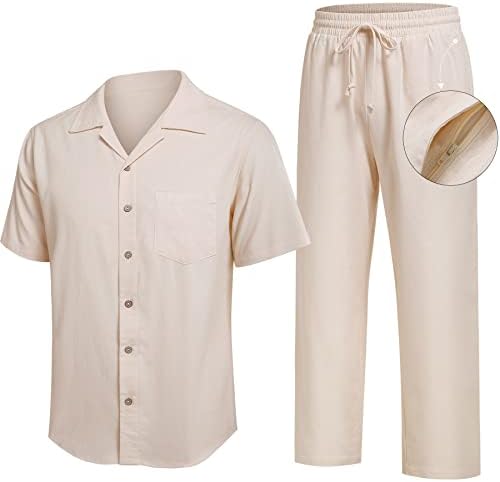 Camisas de linho do fengbay para masculino calça de linho botão para baixo camisa 2 peças camisas de verão casuais para homens