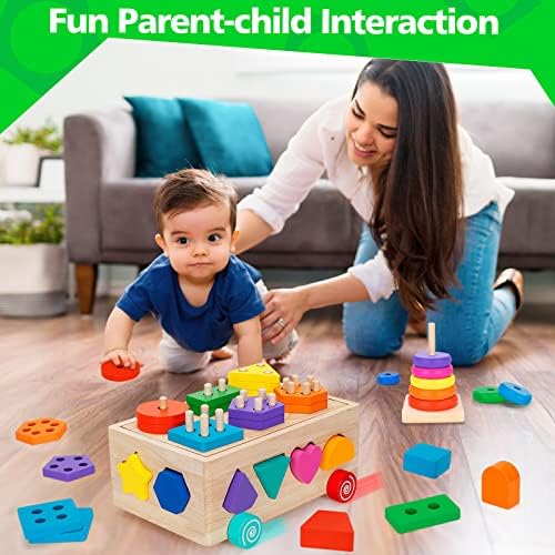 Aigybobo Montessori Toys por 1 ano de idade, brinquedo de bebê 12 a 18 meses, triagem de madeira e brinquedos de empilhamento