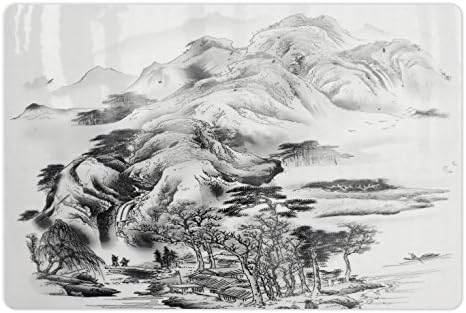 Lunarable asiático tapete de animais de estimação para comida e água, rampa de montanha de pintura chinesa Visualize árvores