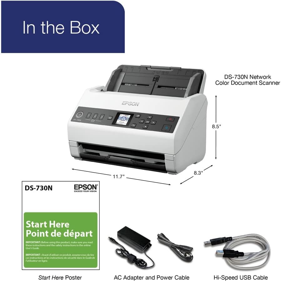 Epson DS-730N Rede Color Document Scanner, alimentador de documentos automáticos de 100 páginas, digitalização duplex