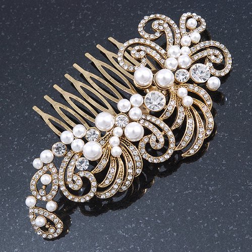 Vintage inspirado no noiva/casamento/baile/partido de ouro claro cristal, pente lateral pearl 'perel