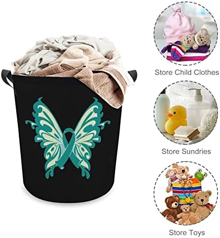 Cesto de lavanderia de borboleta com conscientização sobre câncer de ovário com alças redondas cestas de armazenamento de lavanderia