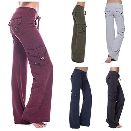 Andongnywell Womens Button Vários bolsos macios e elásticos casuais de Yoga para treinar calças de perna larga para