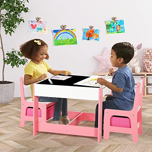 Coewske Kids Atividade Mesa e cadeiras de madeira com cestas de armazenamento Blackboard Inclui 2 assentos e 1 mesa para
