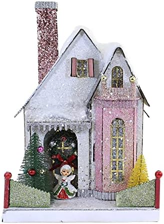 Christmas Snow Angel Cottage House Paperboard Village Light Up Retro - 1 Putz Style House Decoração de Natal 11,0 polegadas - Hou321 - White