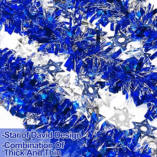 Turnmeon 18 pés por 6 polegadas Hanukkah Tinsel Garland Hanukkah Decorações com estrela de ornamentos de David Silver Ornadores azul streamers metálicos
