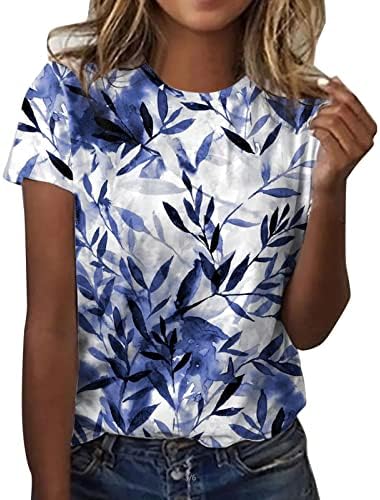 Adpan feminino diariamente folhas impressas o Tampo de pescoço camisetas de manga curta camisas de treino casual spandex de algodão feminino