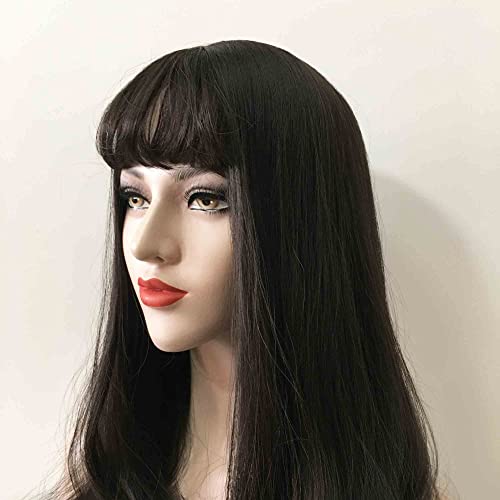 peruca preta longa e limitada com franja, perucas naturais e onduladas, peruca preta resistente ao calor para o calor para mulheres uso diário de festas