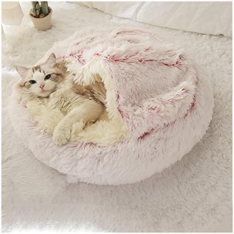 A cama de pelúcia redonda para animais de estimação e gatos é uma ninhada de gato semi-fechada, que traz uma cama de gato confortável