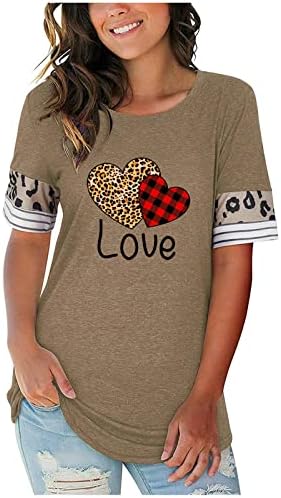 Maqroz Mulheres de manga curta Camisa de pescoço redonda Coração de estampa de leopardo da blusa de leopardo para a camisa solta