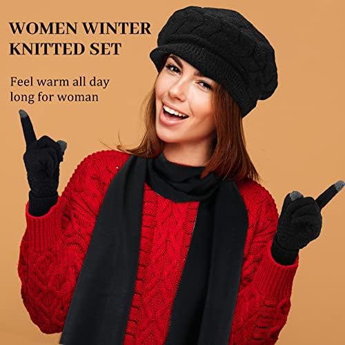 8 PCs Mulheres Inverno Chapéu de malha quente Luvas de tela sensível ao toque de lenço Defina bonés de esqui de neve com
