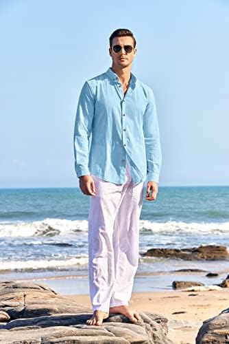 Mens Linen Guayabera camisa casual de manga comprida Button No verão Fit Fit Fit Beach Cuban Plain Tops