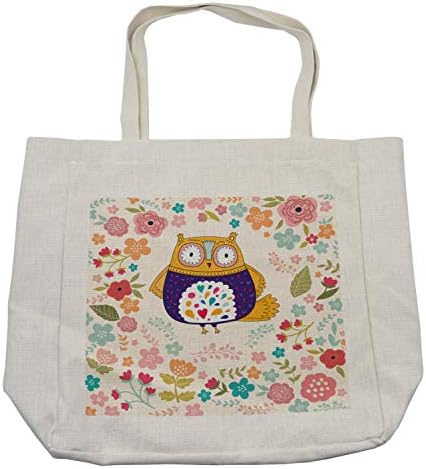 Bolsa de compras de coruja de Ambesonne, pássaros coloridos e flores florescendo rabiscos ornamentais com inspirações de