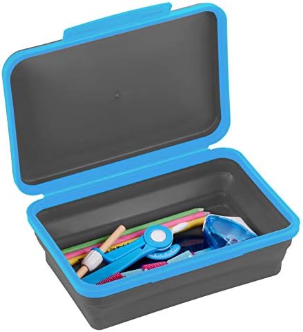 É uma caixa de armazenamento acadêmica flexi com tampa, projeto de caixa de lápis dobrável para materiais artesanais e escolares, azul/preto