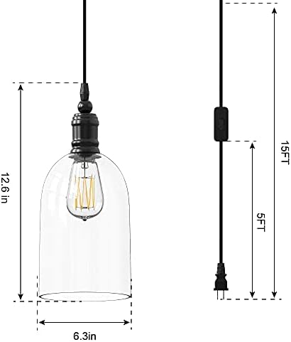 Plugue plugue pingente de pingente, cabo de 15 pés ligado/desligado lâmpada de teto moderno, tom de vidro transparente oval