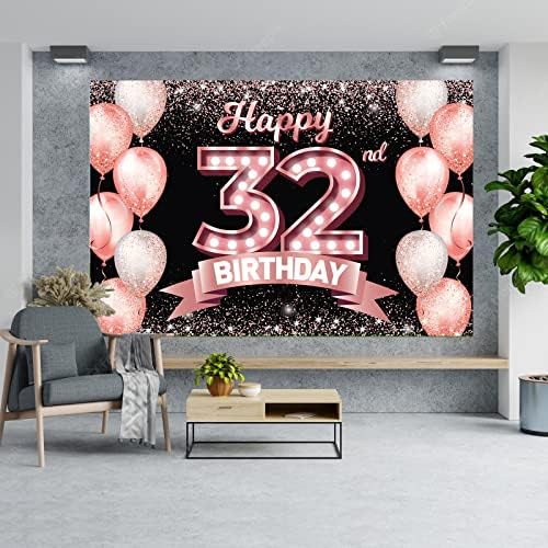 Feliz 32º aniversário Banner Rose Gold Banddrop Cheers a 32 anos de idade, decoração de decoração de tema de confete para