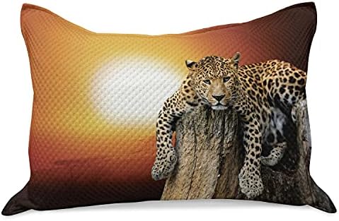Ambesonne Savannah malha de colcha de travesseira, leopardo sentado em árvore seca ao pôr do sol em perigo no ar com