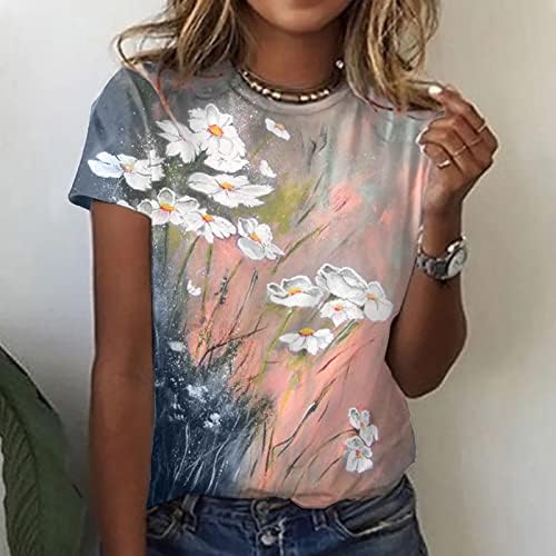 Camiseta de blusa de manga curta para garotas adolescentes 2023 algodão Crewneck Boat Golc Graphic Print Floral Brunch Top YJ