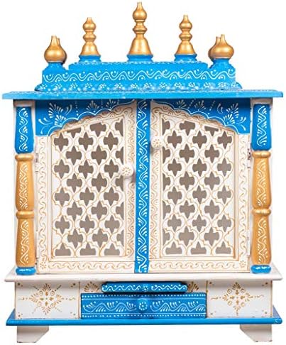 Kamdhenu Art and Craft Wooden Temple Pooja Mandir para casa, branco e azul