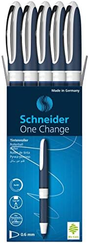 Schneider One Change Rollerball Pen, Recarregável, 0,6 mm Ultra-Smooth Dip, Blue/White Barrel, Blue Ink, caixa de 5 canetas