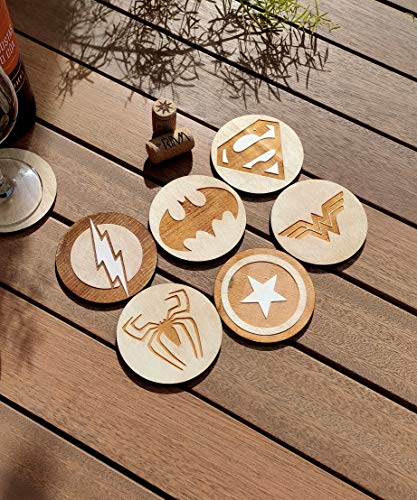 Conjunto de 6 super -heróis Coasters de madeira - Coleção Marvel vs DC Super -heróis