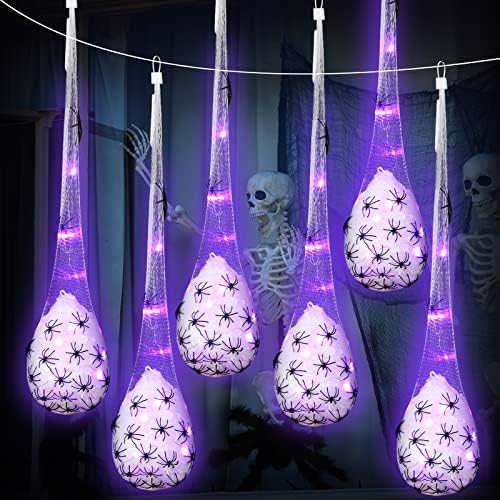 6 pacotes decorações de Halloween de folga ao ar livre halloween spider web pendurado aranha iluminada decorações ao ar livre para brindes