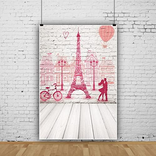 Cenário de 5x7ft eiffel torre, esboço rústico de parede de tijolos rosa Eiffel Tower Biciclo