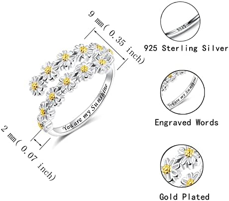 S925 Prata de esterlina Ajustável você é meu anel de margarida do sol - simples anéis de empilhamento de flores presentes para mulheres