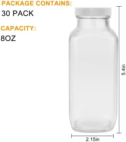 Garrafas de vidro de 8 onças, garrafa de bebida reutilizável com tampas herméticas, garrafas de água transparente de suco