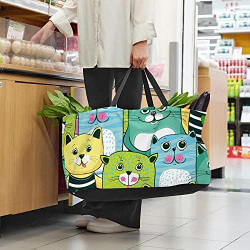 Bolsas de supermercado reutilizáveis, gato engraçado de desenhos animados, bolsa de compras de reciclagem leve com alça