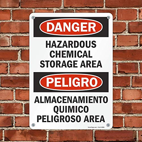 SmartSign 14 x 10 polegadas “Perigo - Área de armazenamento químico perigoso” Sinal bilíngue OSHA, impresso digitalmente, 55 mil HDPE plástico, vermelho, preto e branco