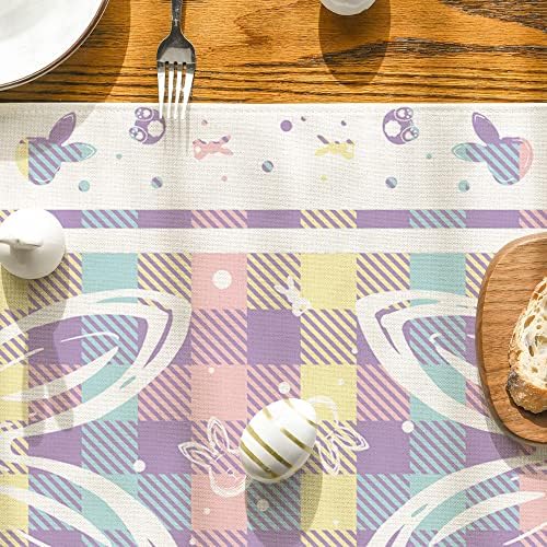Modo Artóide Buffalo Plaid Bunny Páscoa Runner, decoração sazonal de mesa de jantar de cozinha de primavera para decoração