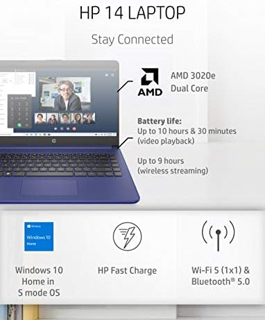Laptop HP 14, AMD 3020E, 4 GB de RAM, 64 GB de armazenamento EMMC, tela sensível ao toque HD de 14 polegadas, casa do Windows 10 no