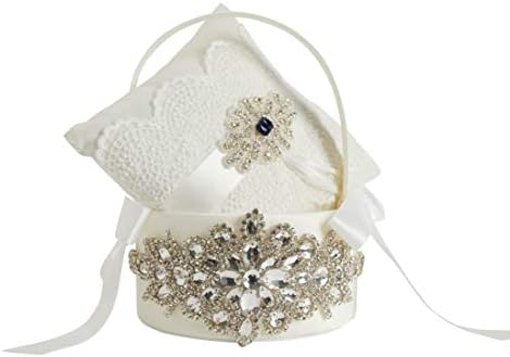 Lapuda bela mão de mão de cesta de flores de casamento e travesseiro de anel com aparência elegante e cor de marfim,