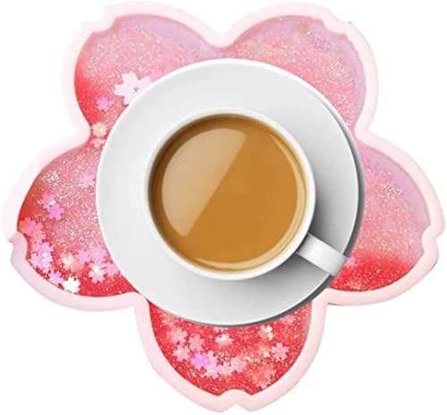 Coaster de glitter sakura, romântica Sakura Quicksand Coffee rosa Caso de água Monta de água, montanha-russa de xícara de Sakura, copo de copo de isolamento de silicone sem deslizamento