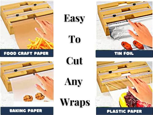 Fortbit Foil e Organizador de plástico com cortador - 3in1 Bambu natural de plástico de madeira, cera, pergaminho, papel alumínio