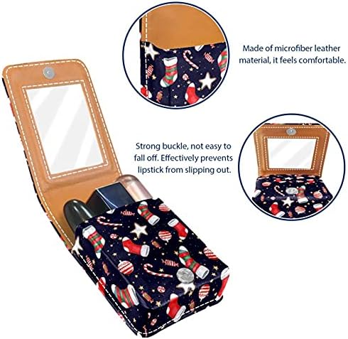 Mini Lipstick Caso Caso Cute Elemento de Natal Padrão de batom Organizador com Botão Mirror Button Compôs bolsa cosmética de couro para mulheres meninas