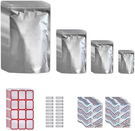 120 Pacote Mylar Bags para armazenamento de alimentos com absorvedores de oxigênio, 120pcs x 300cc, 9 mil 10 x14, 7,8 x11,8, 6 x9, 4.3 x6.3 -30pcs 1 galão mylar sacos e vários outros tamanhos , Sacos de armazenamento de alimentos seláveis ​​a calor + sacos e rótulos selvagens e clipes.