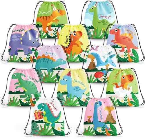 12 Pack Dinosaur Party Supplies favorece sacos de tração para crianças de aniversário, garotas meninas Jurassic Dino Backpack Back como saques e saquinhos de brindes para presentes, tratamento, doces, escola ou festa de aniversário