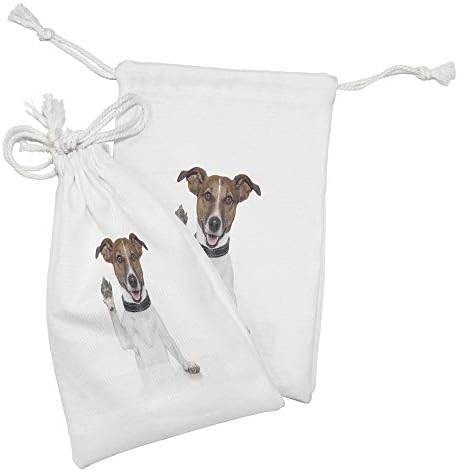 Conjunto de bolsas de tecido de Ambesonne Jack Russell de 2, agitando patas temáticas para amantes de animais de cães altos, pequenas bolsas de cordão para máscaras e favores de higiene pessoal, 9 x 6, branco marrom branco