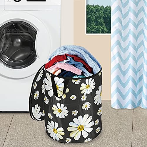 Camomile Floral Black Pop Up Laundry Horty com tampa de cesta de armazenamento dobrável Bolsa de lavanderia dobrável para dormitório