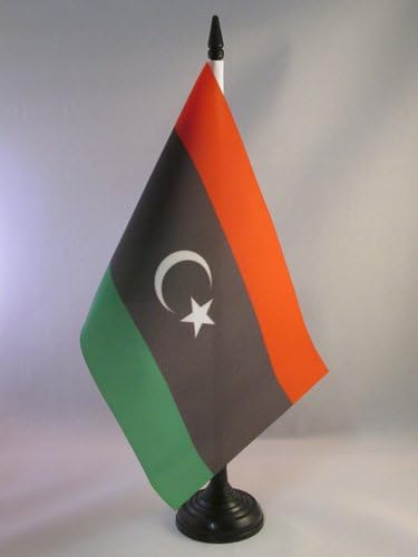 AZ FLAND Líbia Bandeira da mesa 5 '' x 8 '' - Bandeira da mesa da Líbia 21 x 14 cm - Beck de plástico preto e base