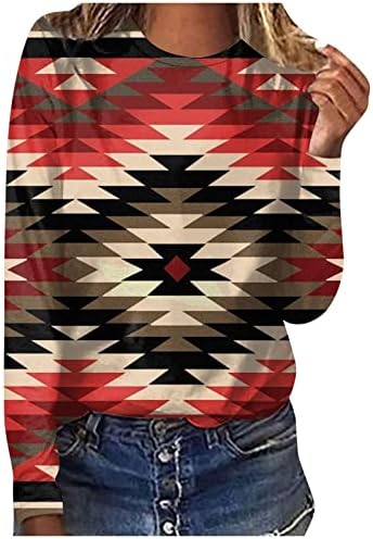 Camisas ocidentais femininas cairam aztec de manga longa Tops nativos americanos roupas étnicas casuais pullover de alcance