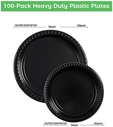 Placas descartáveis ​​pretos para uso pesado de 100pcs para festas/casamento, incluindo pratos pretos de 50pcs 9 polegadas e 50pcs 7 polegadas de sobremesa negra/salada, pratos de jantar preto para todas as ocasiões