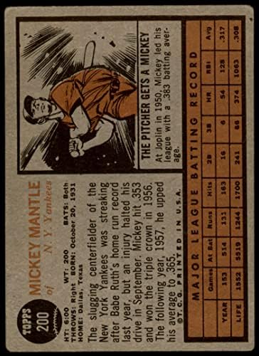 1962 Topps 200 Mickey Mantle Good Yankees Hof