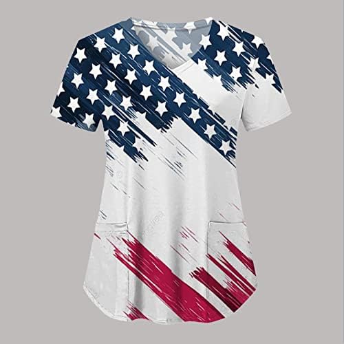 4 de julho camisetas para mulheres bandeira dos EUA verão de manga curta V camisetas com 2 bolsas de caldo de trabalho casual de férias de férias