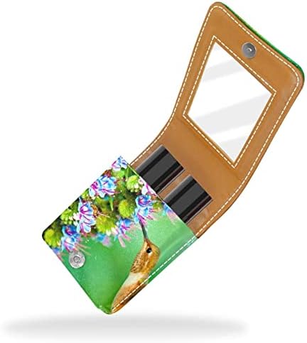 Mini estojo de batom com espelho para bolsa, beija -flor com flores portáteis de flores azuis organização